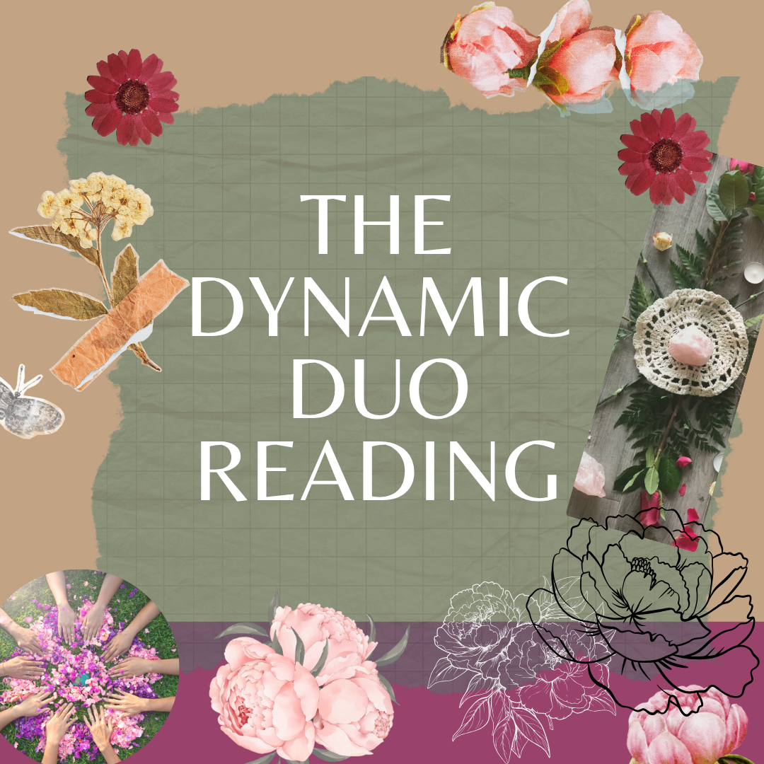 A collage of flowers, insects in a shabby chic style. A light blue and beige background introduces us to The Dynamic Duo Reading. The Dynamic Duo reading teaches us about our partnerships. Perfect for couples, small business owners and professional partnerships.
