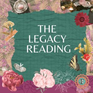 This is a collage of flowers, rose quartz, candles and nature on a teal grid background. The Legacy Reading is a 1 on 1 reading that covers Astrology, Human Design and introduces you to the Gene Keys Activation Sequence.