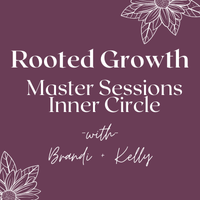 A purple background and white letters announce the Rooted Growth Master Sessions Inner Circle with Brandi and Kelly Drop in rate. It is designed with lotus flowers and leaves representing Mother Nature. This workshop teaches Small Business Owners to root into their business and grow business.