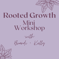 A lavender background announces the Rooted Growth Mini Workshop with Brandi and Kelly with lotus flowers and leaves representing Mother Nature. This workshop teaches Small Business Owners to root into their business and grow business.