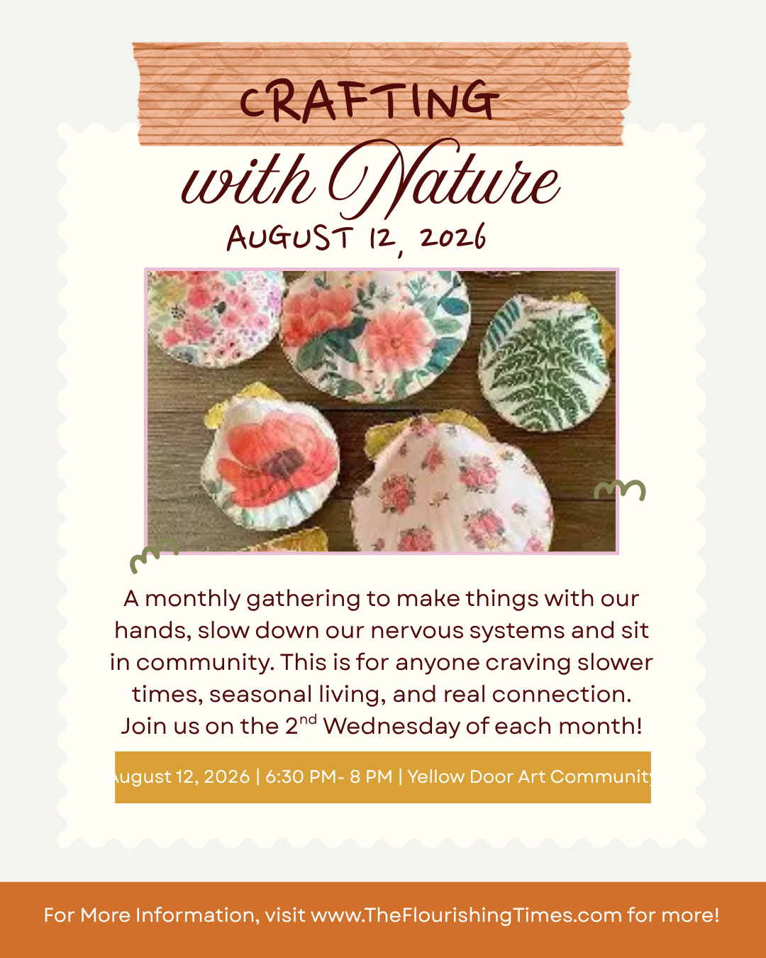 This is an image of decoupage seashells that were handcrafted with napkins. Our August Crafting with Nature event will take place on August 12th in Cypress, TX outside of Houston.