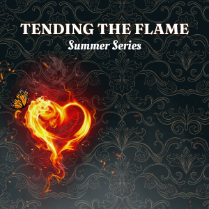 This is a black backgrouns with gold damask overlay. The words tending the flame summer series appear at the top while a dragon flame heart is emblazoned on the bottom left. A monarch butterfly lingers near the heart.